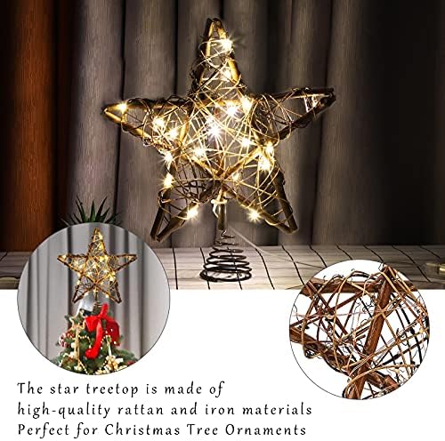 GWOKWAI božićno drvce Topper, prirodni rattan zvijezda s LED laganom vrpcom, retro xmas theretop zvijezda svjetla za ukras za zabavu