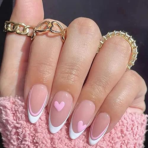 Valentinovo Pritisnite nokte duge lažne nokte akrilni francuski ružičasti srčani bademovi ružičasta linija Bijeli rub Izvrsni luksuzni