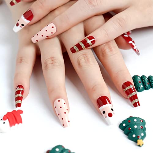 PACEBIU 24 PCS Božićni pritisak na noktima srednje dužine lijes - lažni nokti s ljepilom za nokte - lažni savjeti za nokte za žensku