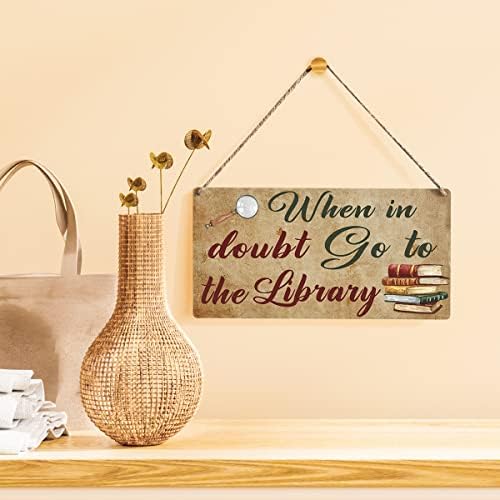 Znak knjižnice Smiješna seoska kuća Idite u bibliotečku drvenu viseću plaketu rustikalni zidni dekor za ukrašavanje kuće 12 x 6 inča
