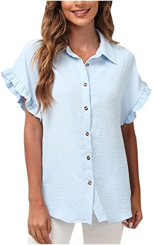 Ženska ljetna bluza Košulja s gumbom za čvrste boje kratka rukava Rad uredske majice Lagana udobna ruffle vrh