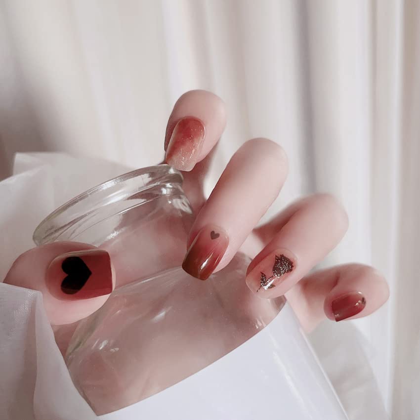 DIDUIKALOR VALENTINSKI PRESIS Na noktima Kratka ruža Cvjetovi Lažni nokti Crveni akrilni ljepilo na noktima kvadratni lažni nokti Sjajni