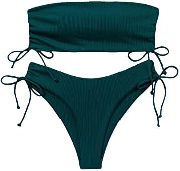 Ženski Bandeau kupaći kostimi od 2 komada, rebrasti Bikini Set sa bočnim vezicama, tankini